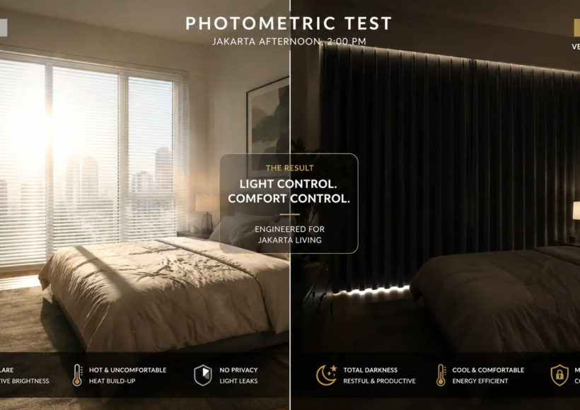 A split-screen photo of a modern Jakarta apartment bedroom. The left side shows glaring, harsh afternoon sunlight bleeding through cheap blinds. The right side shows t