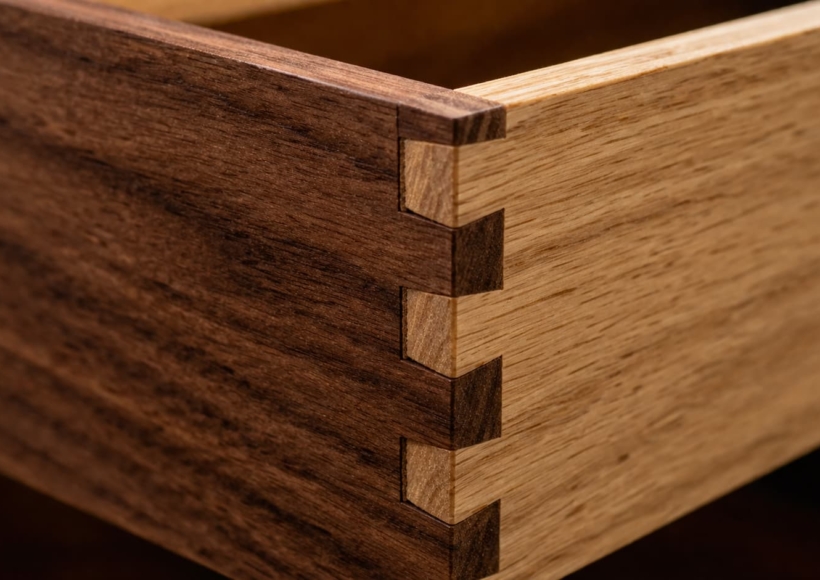 An extreme close-up of the corner of a wooden drawer, clearly showing the interlocking teeth of a dovetail joint.